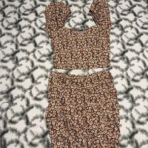 Floral Two-Piece Crop Top and Skirt Jumpsuit Set - Brown Floral